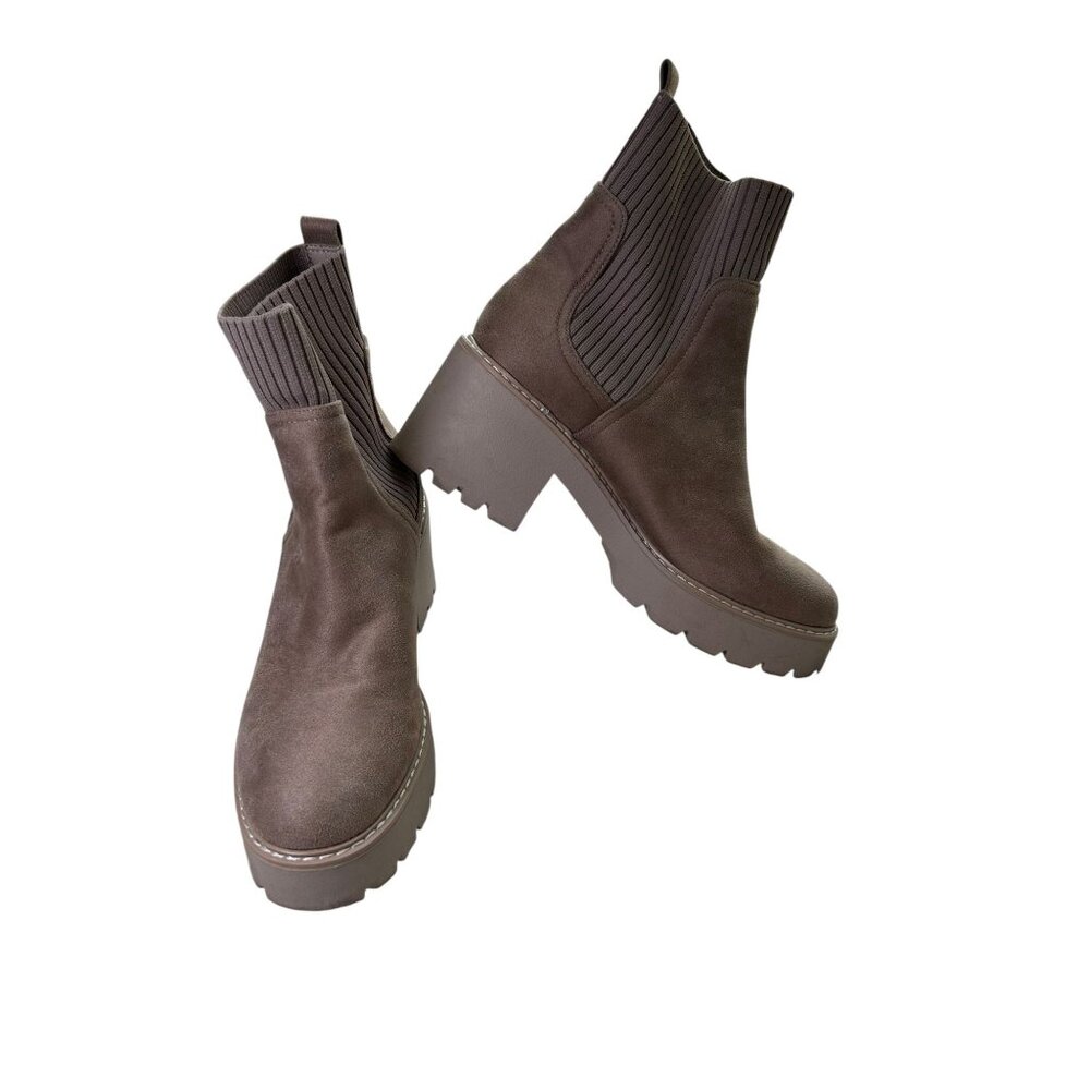 Dolce Vita Ankle Boot Trooper Women's 9 Mushroom Beige Tan Knit Top Pull On Heel